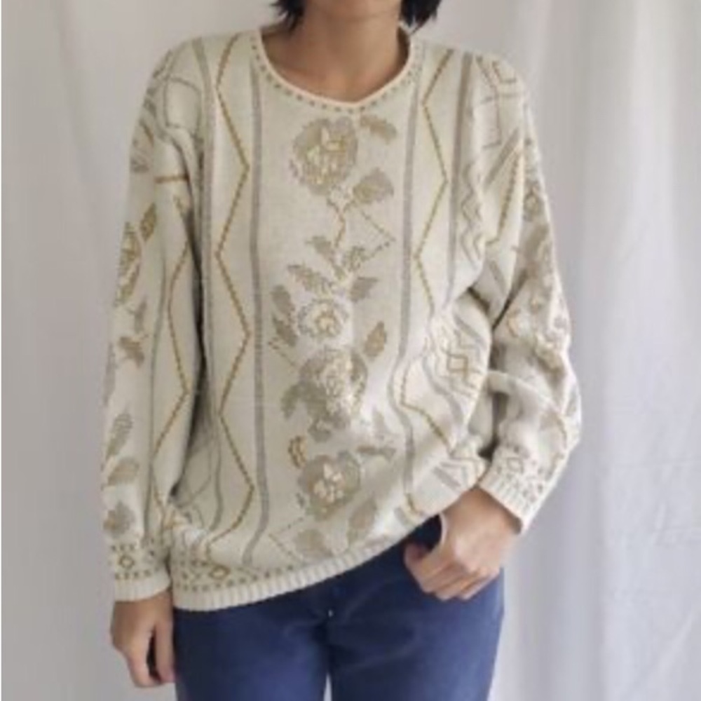 Vintage white sweater, cream gold silver shimmer, metallic, floral design sz L